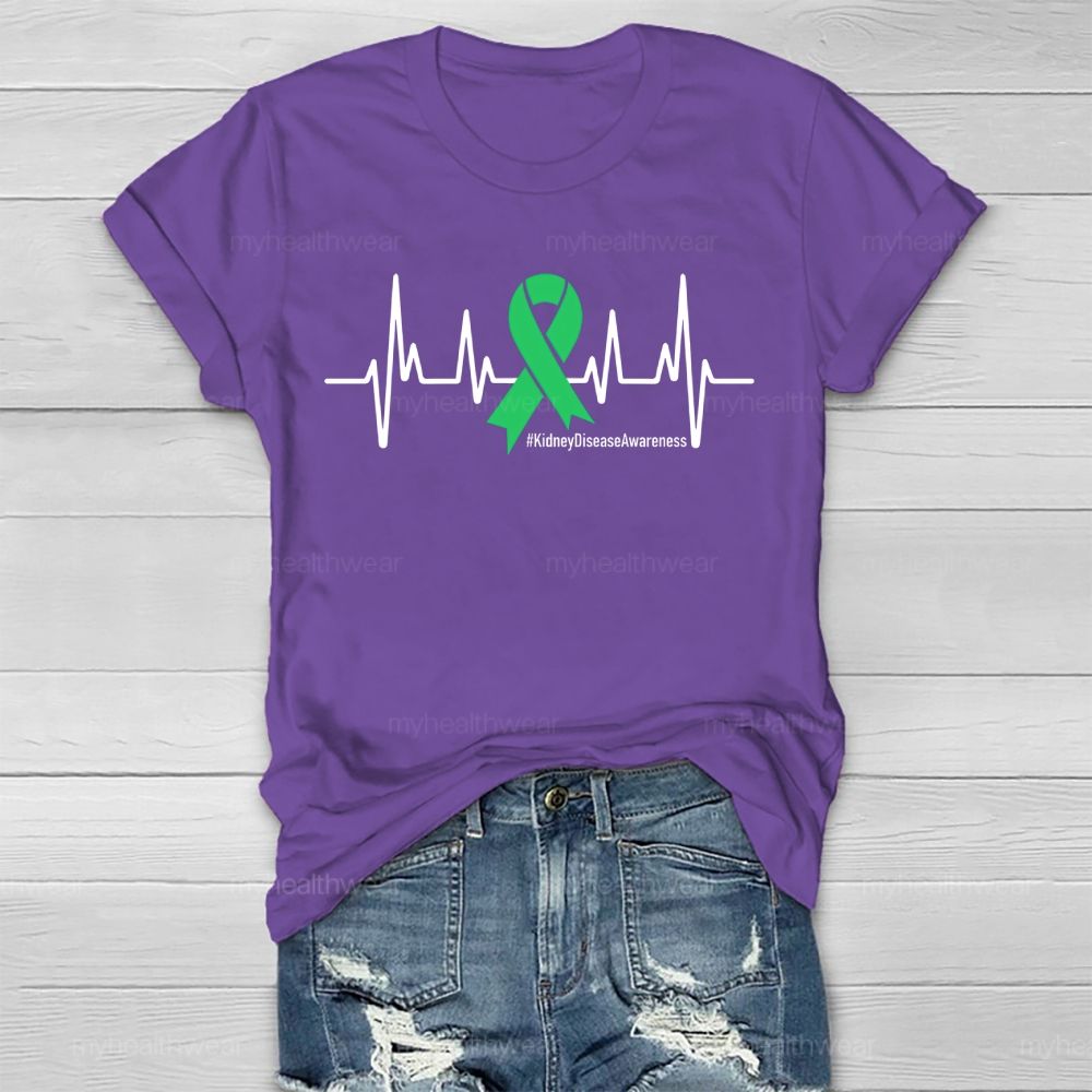 Kidney Disease Awareness Heartbeat Green Ribbon Healthwear T-shirt