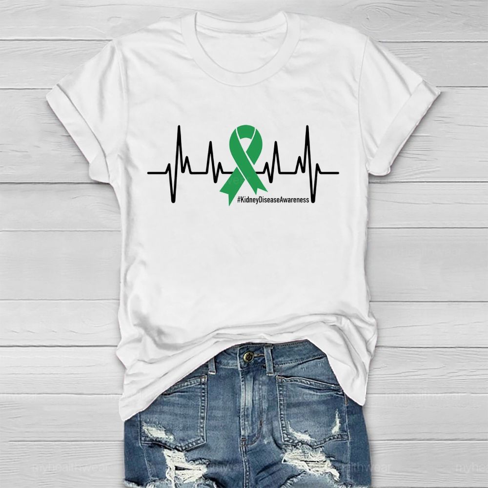 Kidney Disease Awareness Heartbeat Green Ribbon Healthwear T-shirt