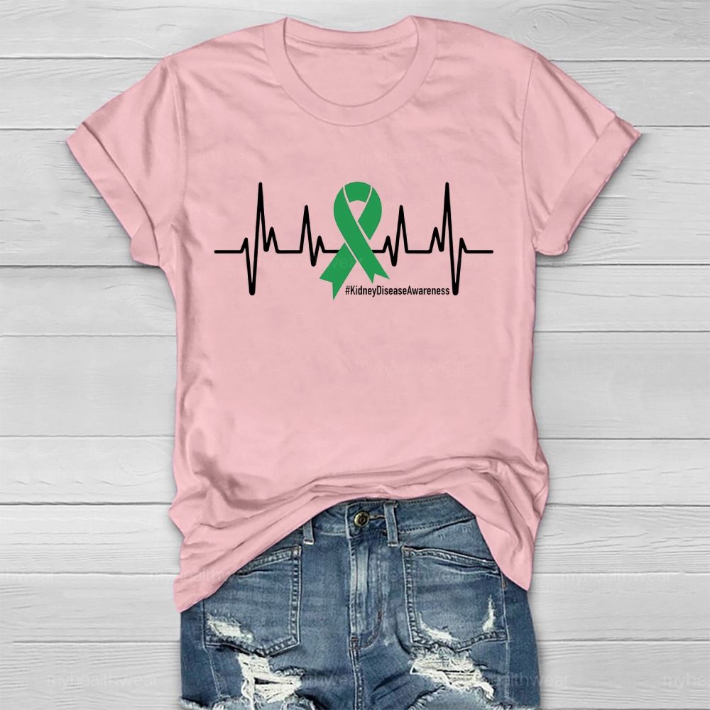 Kidney Disease Awareness Heartbeat Green Ribbon Healthwear T-shirt