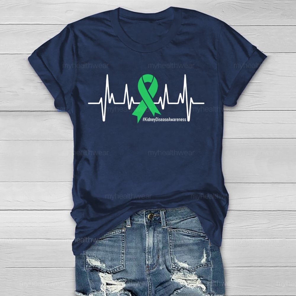 Kidney Disease Awareness Heartbeat Green Ribbon Healthwear T-shirt
