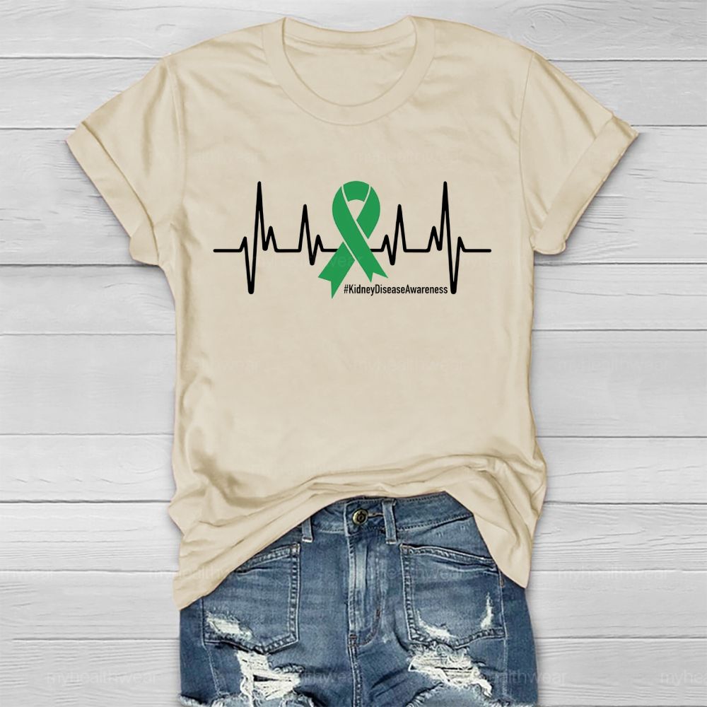 Kidney Disease Awareness Heartbeat Green Ribbon Healthwear T-shirt