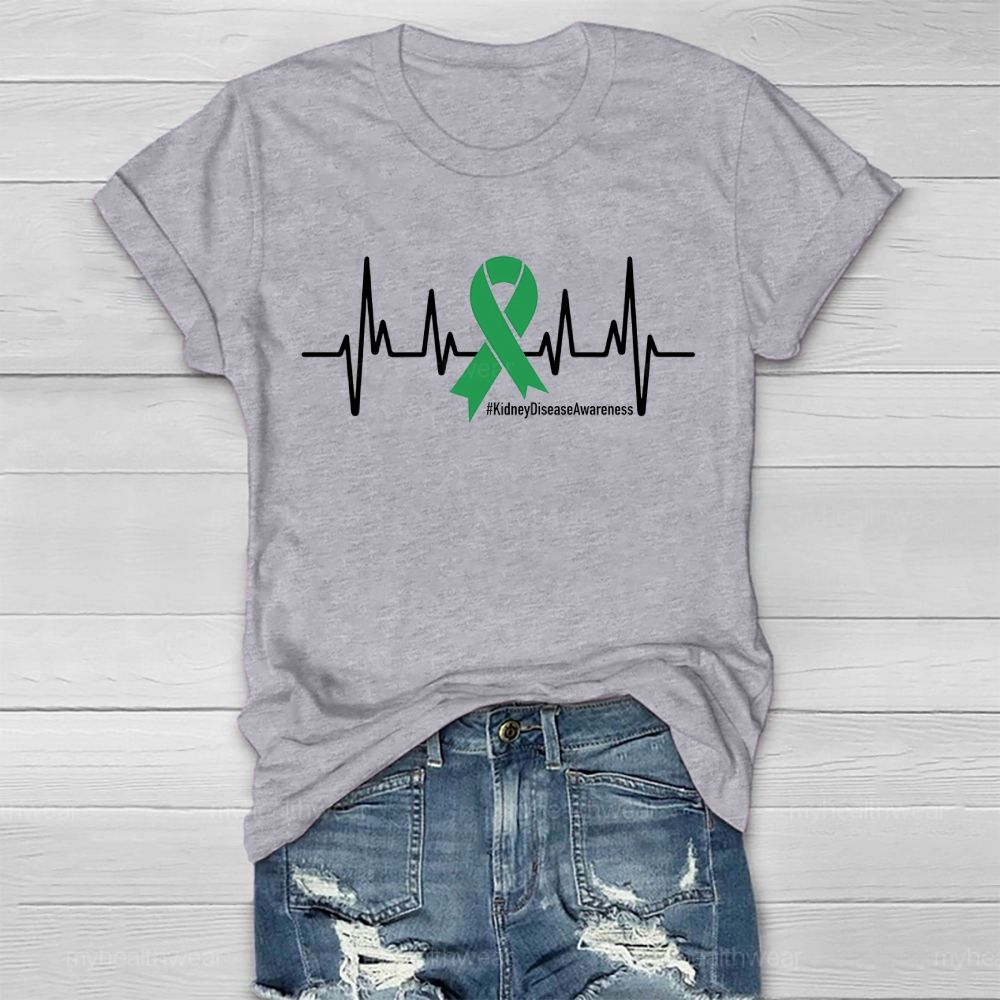 Kidney Disease Awareness Heartbeat Green Ribbon Healthwear T-shirt