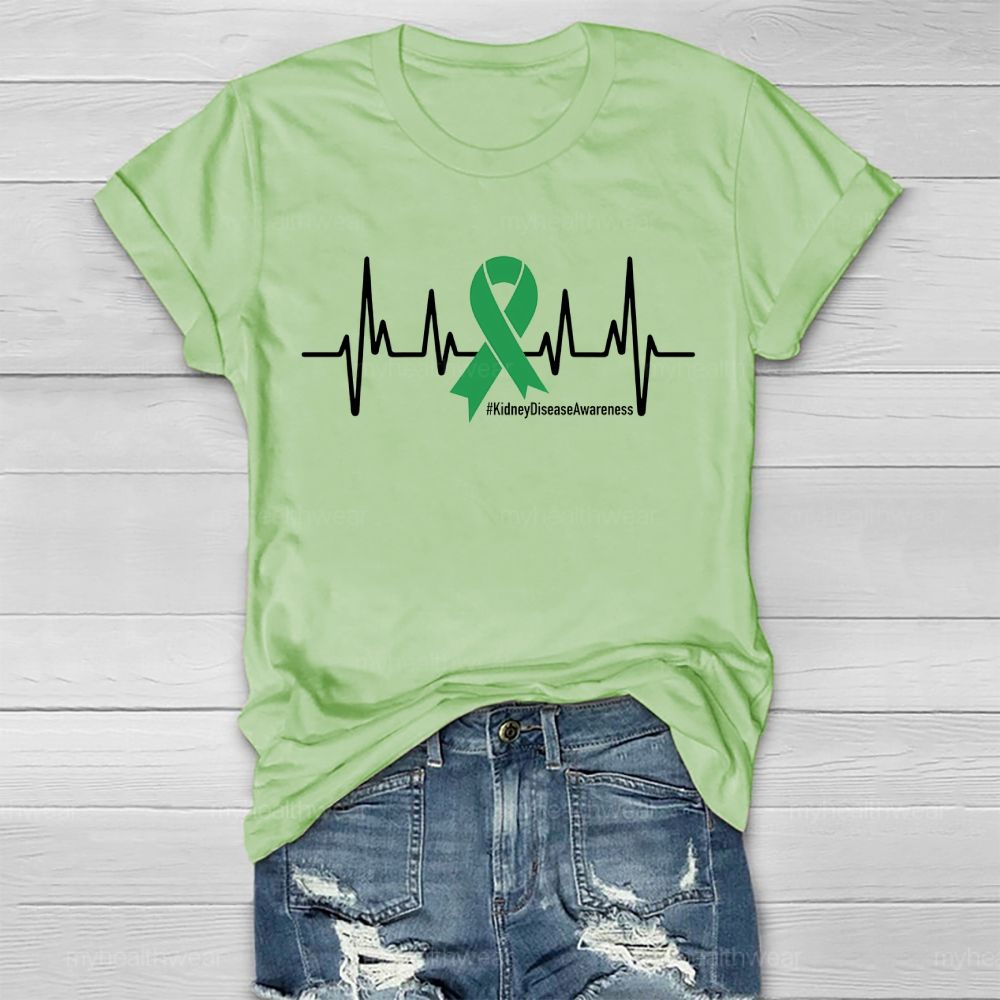 Kidney Disease Awareness Heartbeat Green Ribbon Healthwear T-shirt