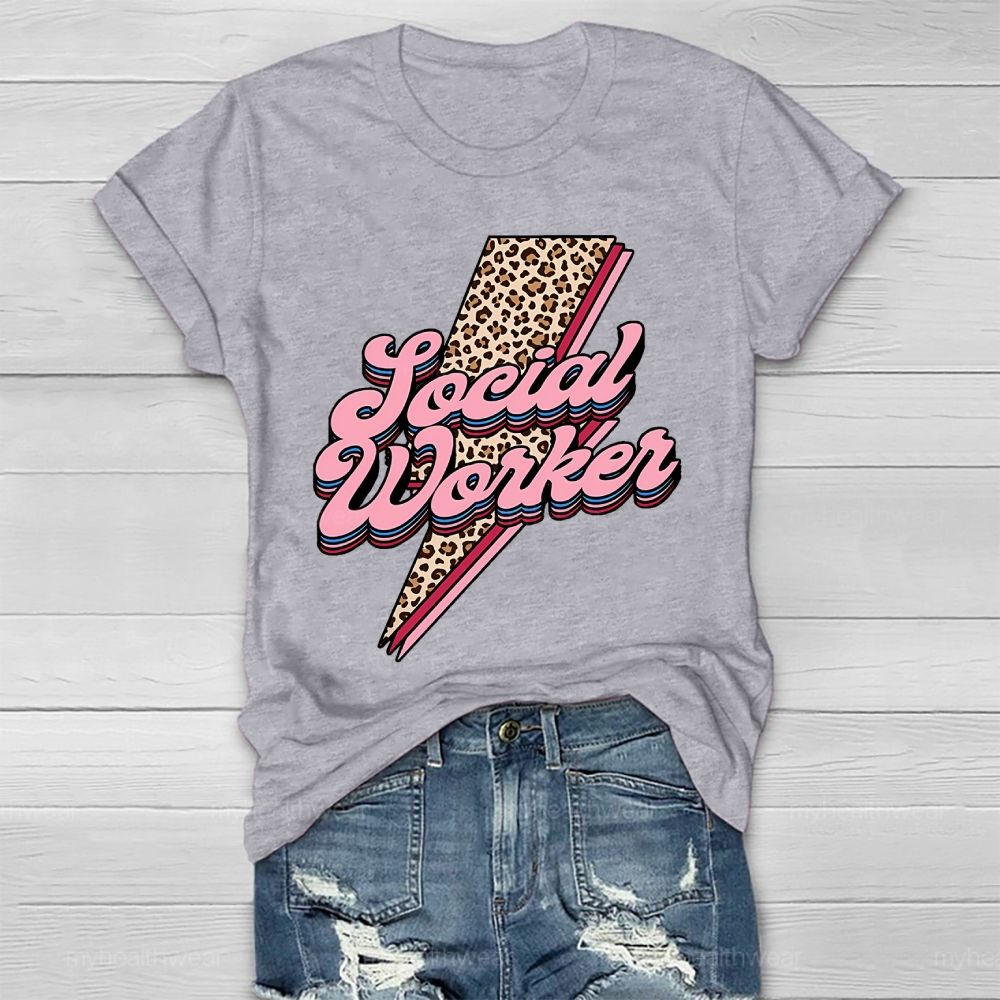 Social Worker Leopard Print Lightning Healthwear T-shirt