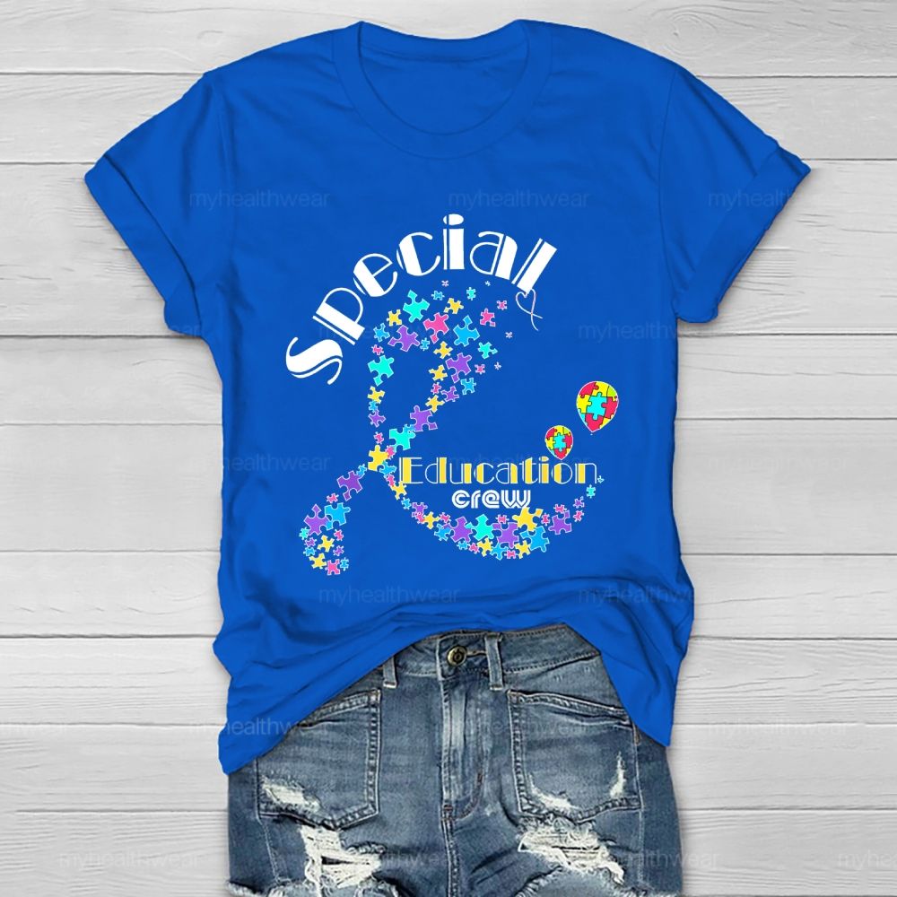 Special Education Crew Colorful Puzzle Ribbon Healthwear T-shirt