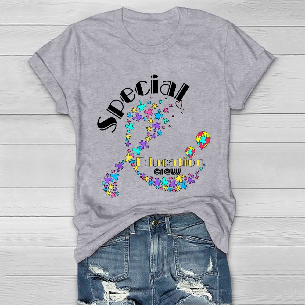 Special Education Crew Colorful Puzzle Ribbon Healthwear T-shirt