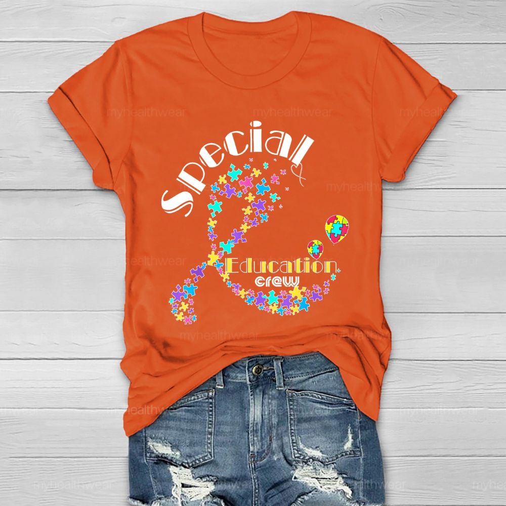 Special Education Crew Colorful Puzzle Ribbon Healthwear T-shirt