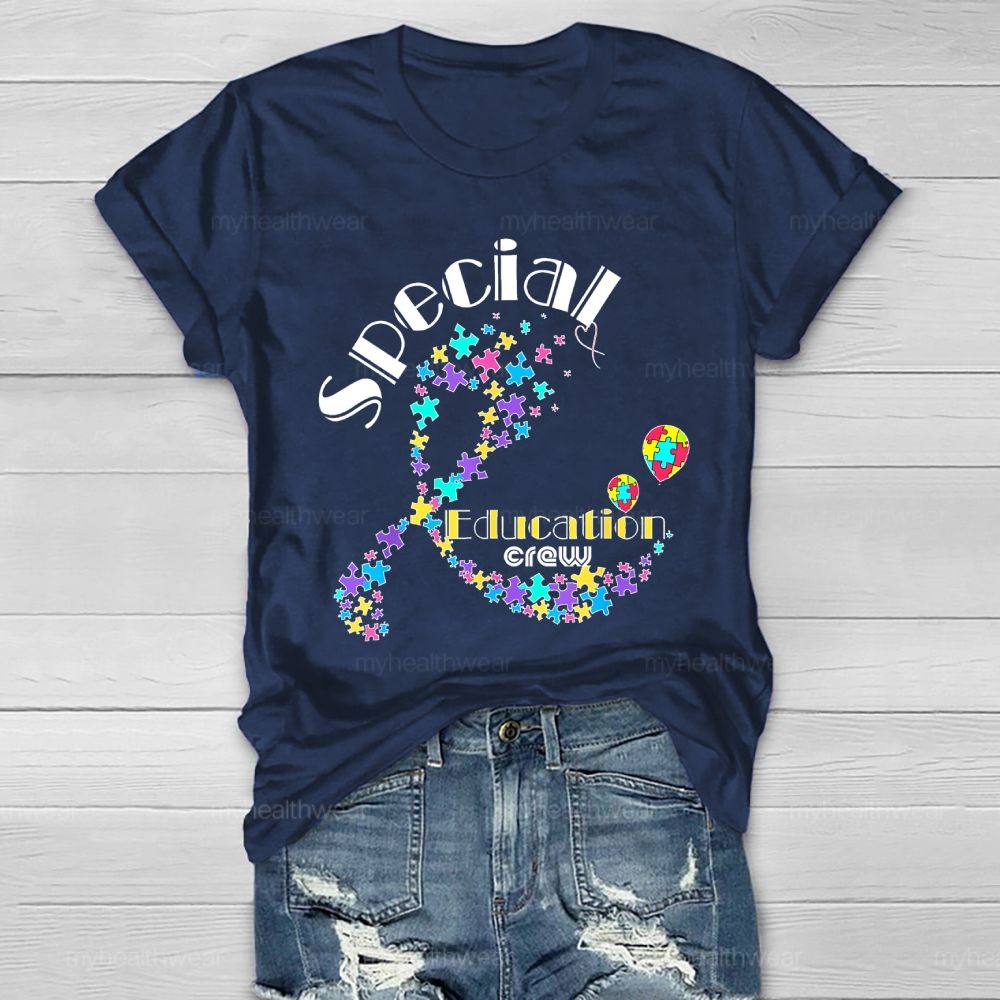 Special Education Crew Colorful Puzzle Ribbon Healthwear T-shirt