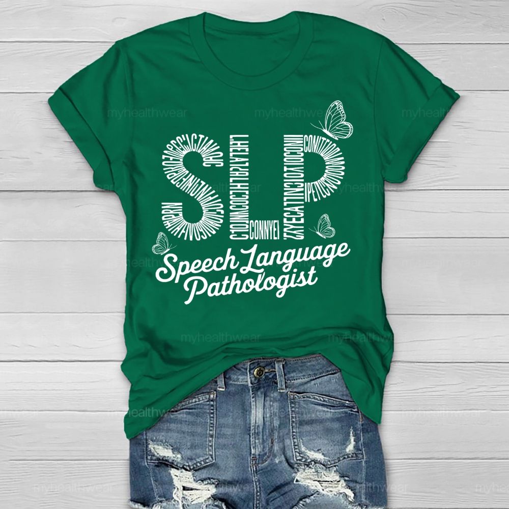 Speech Language Pathologist SLP Letters Butterfly Healthwear T-shirt
