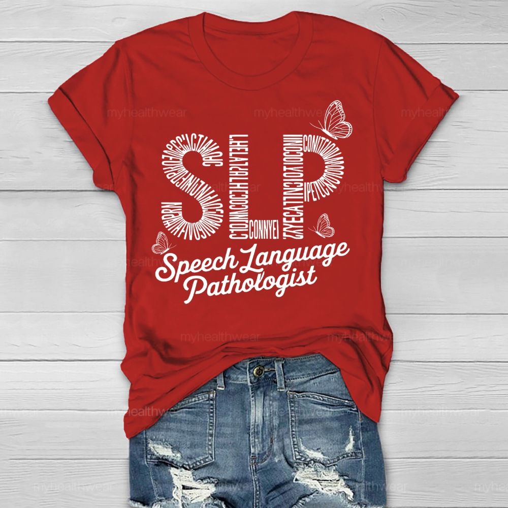 Speech Language Pathologist SLP Letters Butterfly Healthwear T-shirt