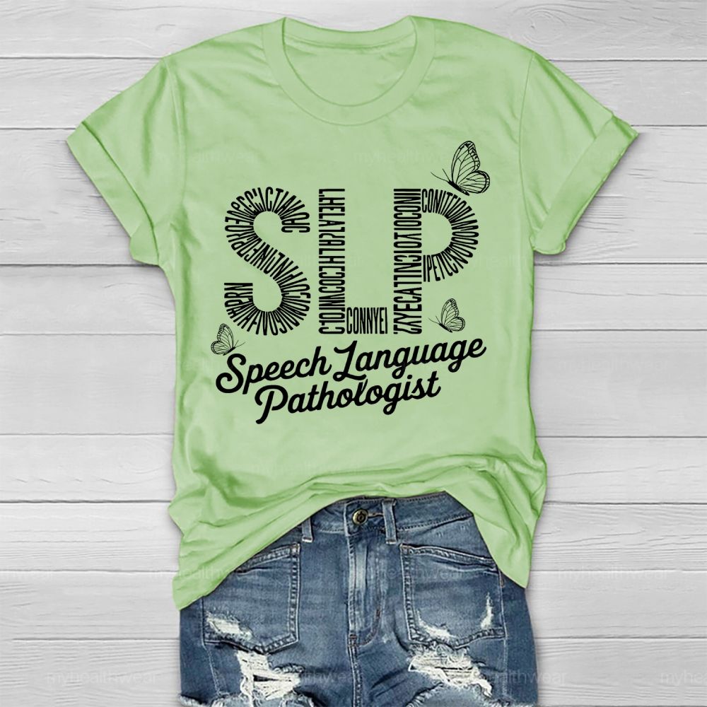 Speech Language Pathologist SLP Letters Butterfly Healthwear T-shirt