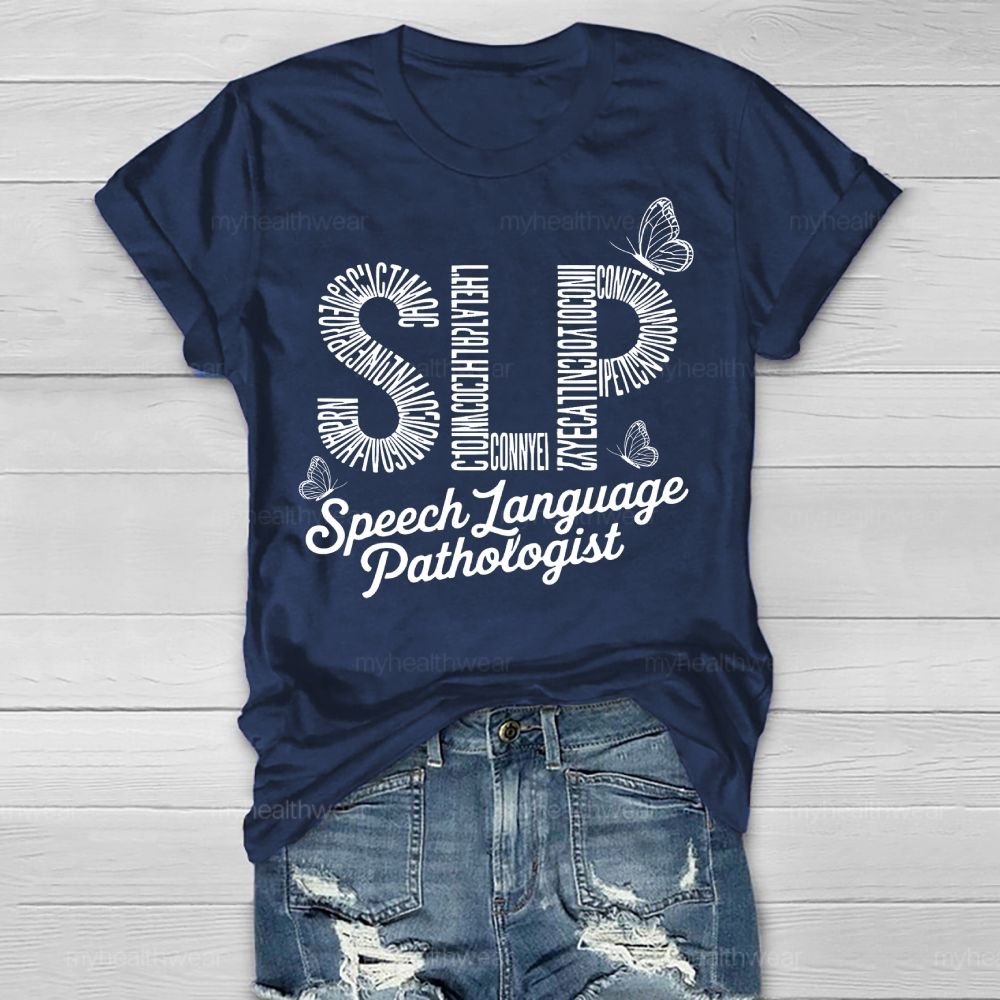 Speech Language Pathologist SLP Letters Butterfly Healthwear T-shirt