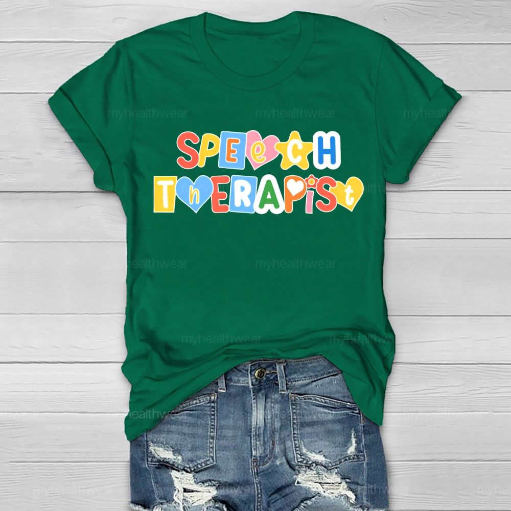 Speech Therapist Colorful Hearts Block Letters Healthwear T-shirt
