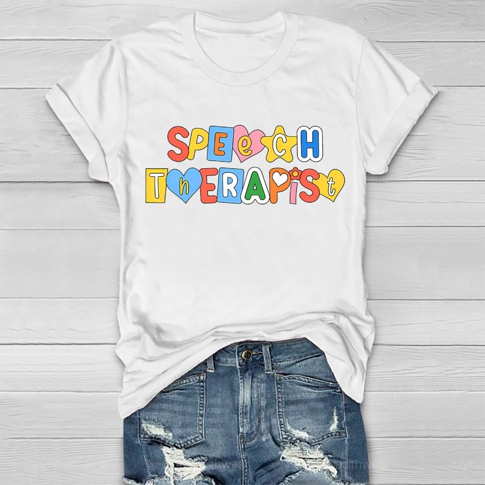 Speech Therapist Colorful Hearts Block Letters Healthwear T-shirt