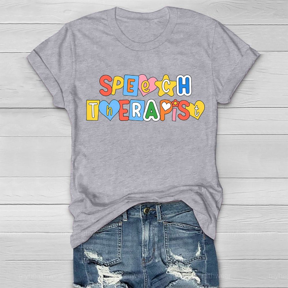 Speech Therapist Colorful Hearts Block Letters Healthwear T-shirt