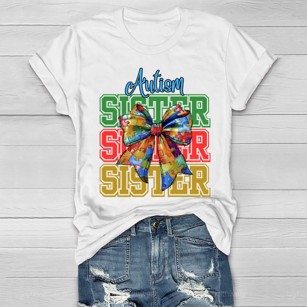 Autism Sister Puzzle Piece Bow Healthwear T-shirt