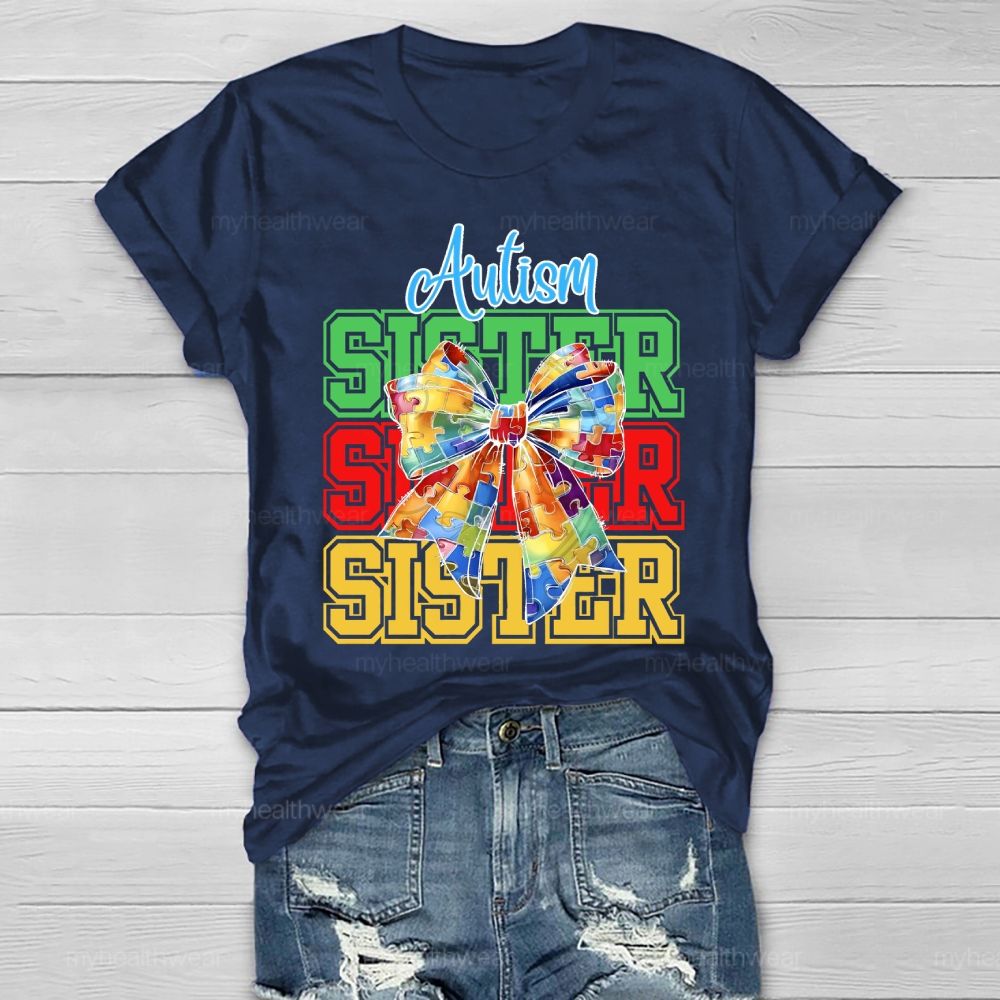 Autism Sister Puzzle Piece Bow Healthwear T-shirt