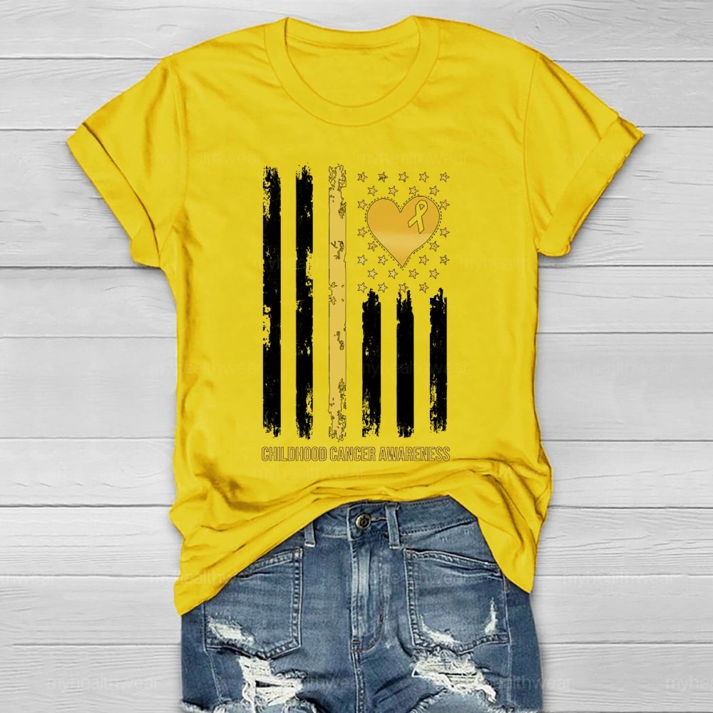 Childhood Cancer Awareness Gold Ribbon Flag Heart Healthwear T-shirt