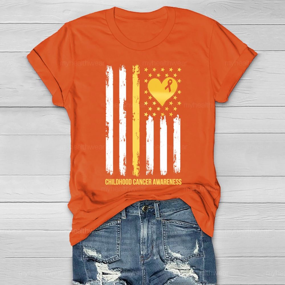 Childhood Cancer Awareness Gold Ribbon Flag Heart Healthwear T-shirt