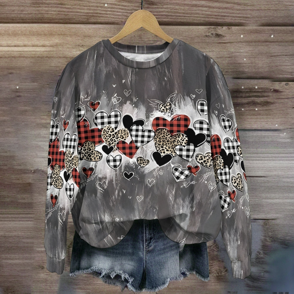 Leopard Print Checkered Heart Pattern Sweatshirt