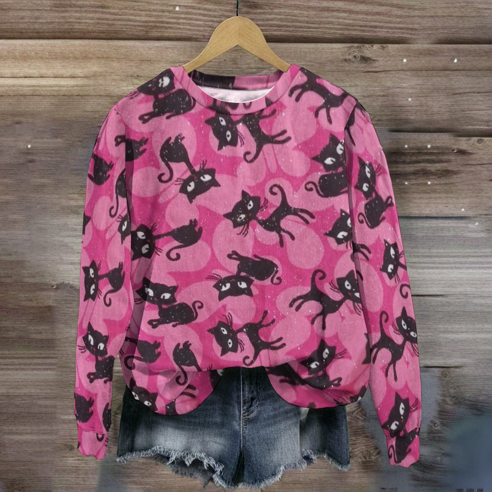 Black Cat Pink Butterfly Graphic Sweatshirt