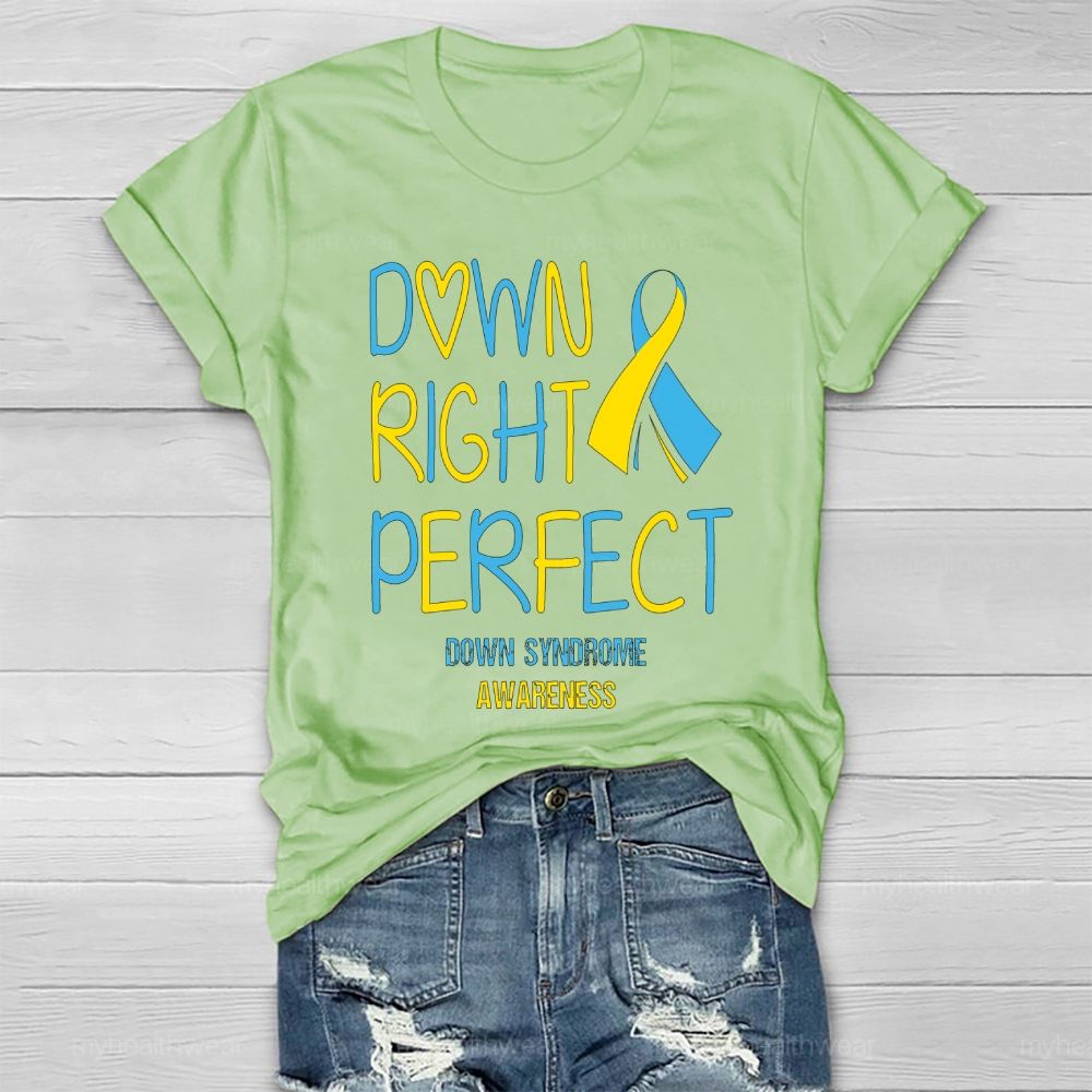 Down Right Perfect Down Syndrome Awareness Yellow And Blue Ribbon Healthwear T-shirt