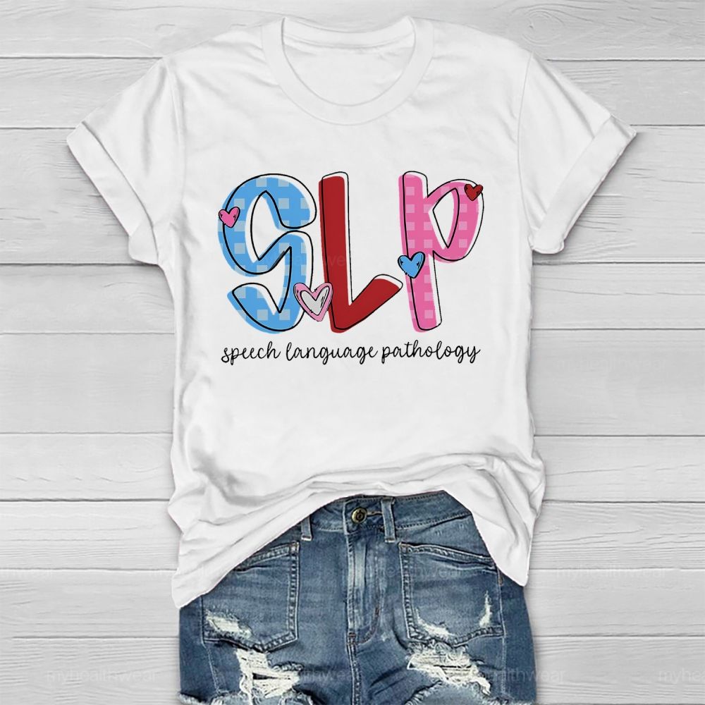SLP Speech Language Pathologist Love Checkered Healthwear T-shirt