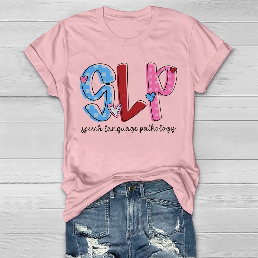 SLP Speech Language Pathologist Love Checkered Healthwear T-shirt