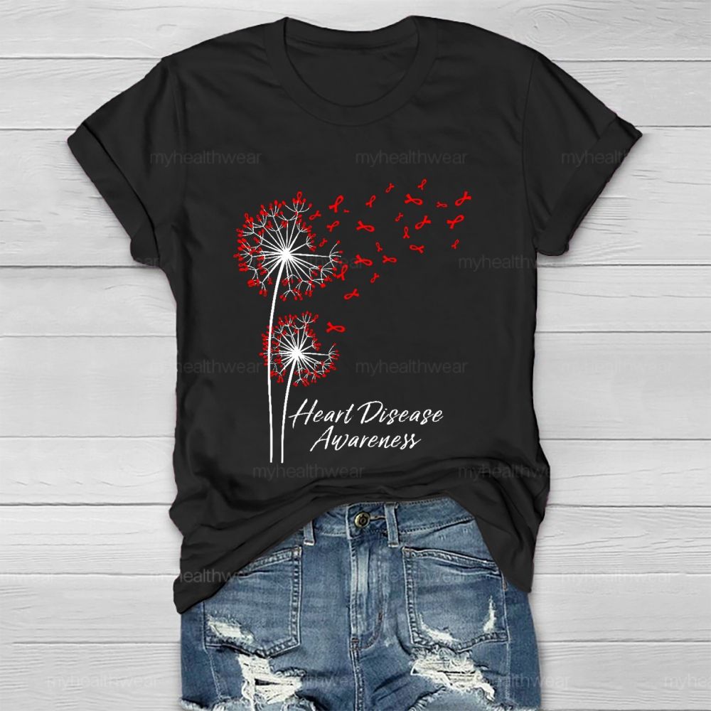 Heart Disease Awareness Dandelion Red Ribbon Healthwear T-shirt