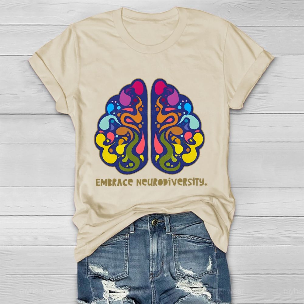 Embrace Neurodiversity Colorful Brain Graphics Healthwear T-shirt