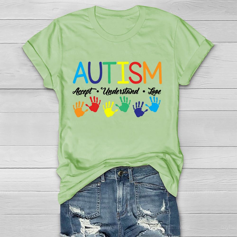 Autism Accept Understand Love Colorful Handprint Healthwear T-shirt