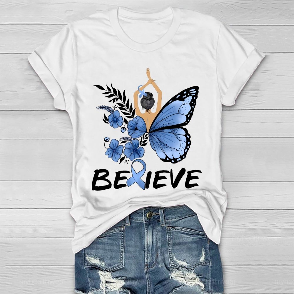 Believe Blue Ribbon Butterfly Healthwear T-shirt