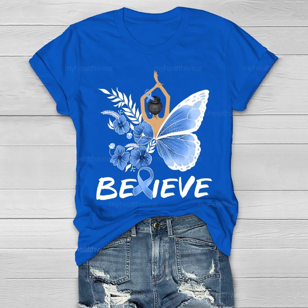 Believe Blue Ribbon Butterfly Healthwear T-shirt