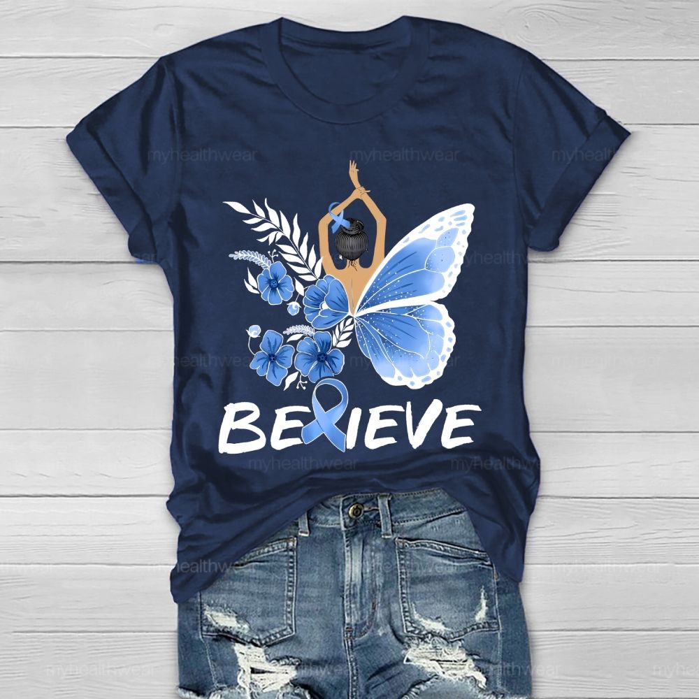 Believe Blue Ribbon Butterfly Healthwear T-shirt