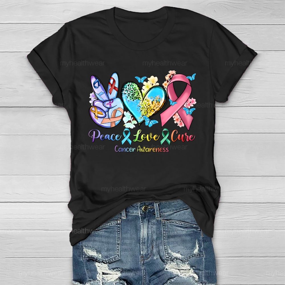 Peace & Love & Cure Cancer Awareness Pattern Healthwear T-shirt