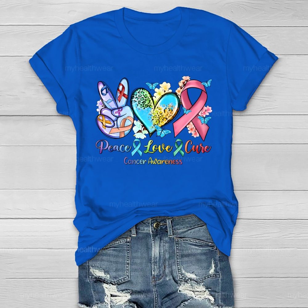 Peace & Love & Cure Cancer Awareness Pattern Healthwear T-shirt