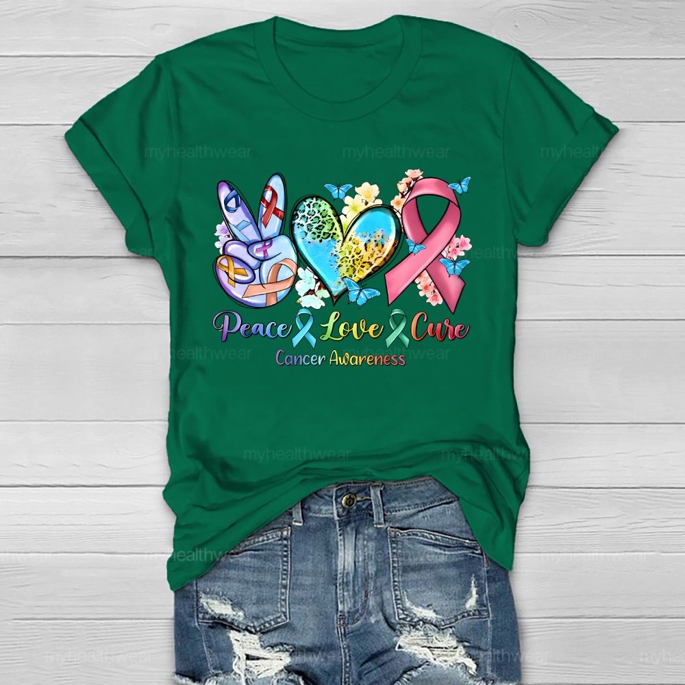 Peace & Love & Cure Cancer Awareness Pattern Healthwear T-shirt