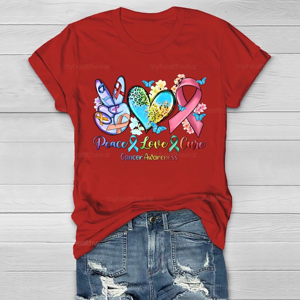 Peace & Love & Cure Cancer Awareness Pattern Healthwear T-shirt