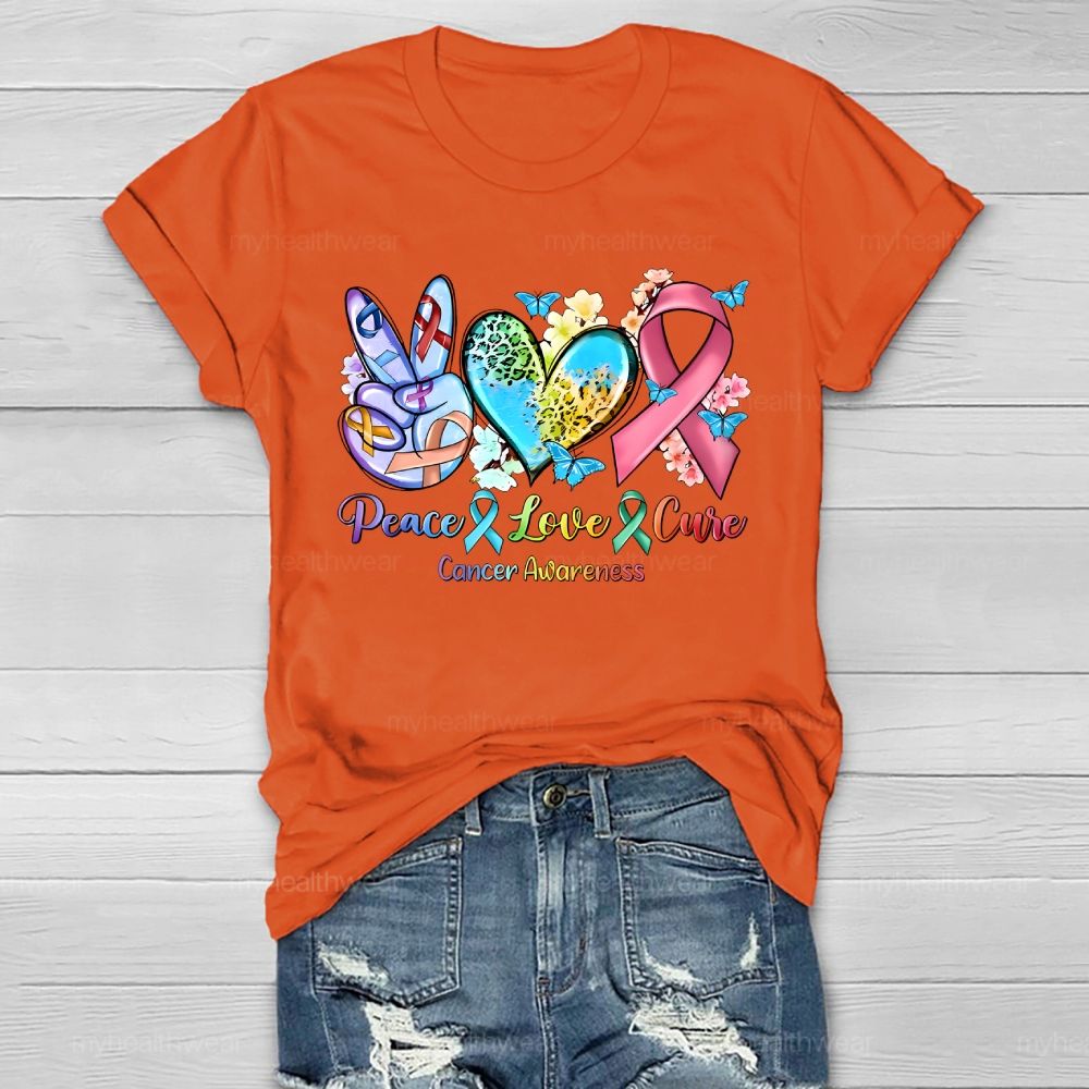 Peace & Love & Cure Cancer Awareness Pattern Healthwear T-shirt