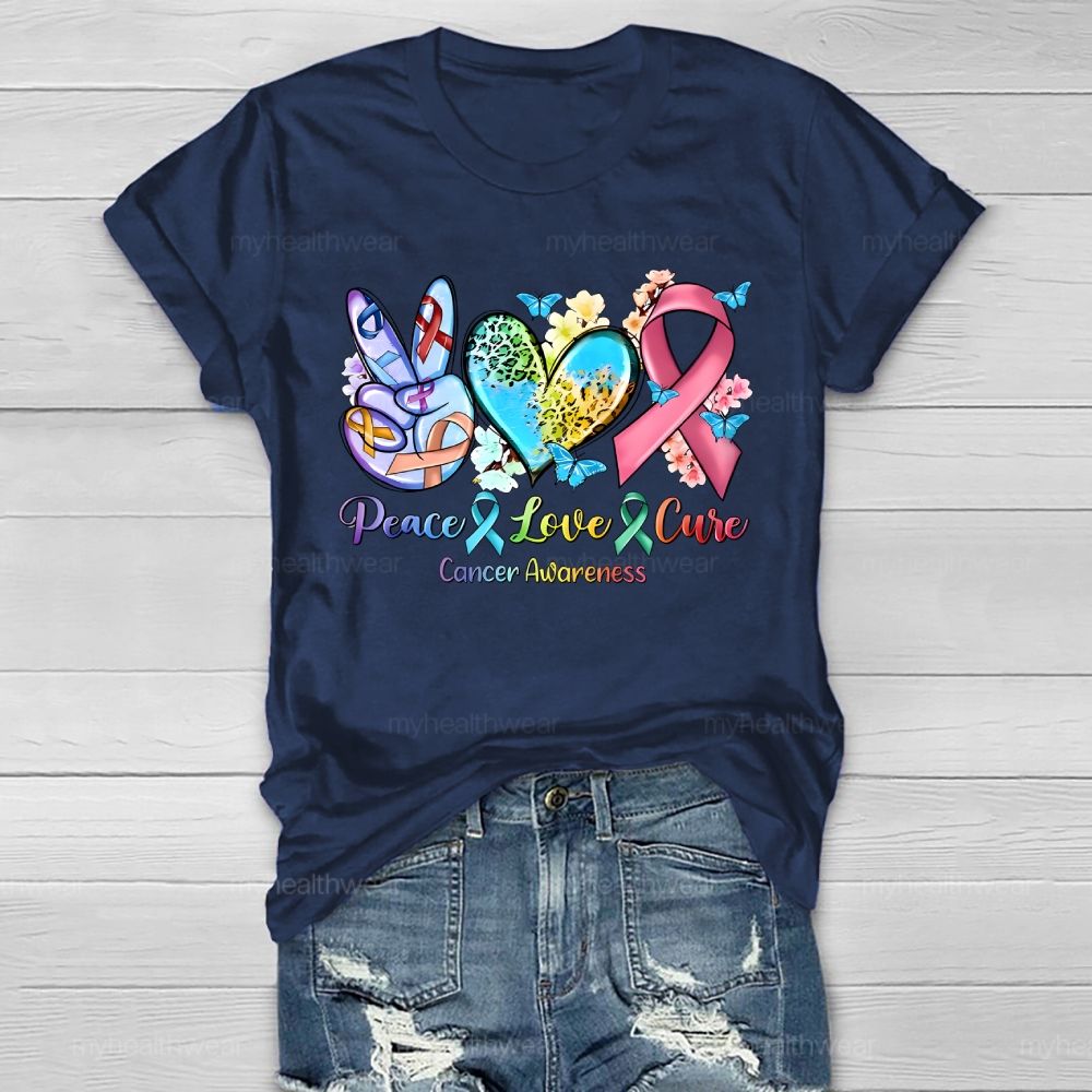 Peace & Love & Cure Cancer Awareness Pattern Healthwear T-shirt