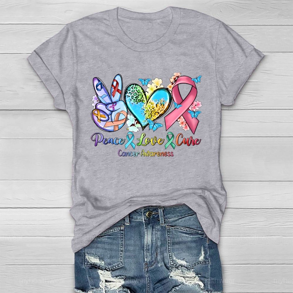 Peace & Love & Cure Cancer Awareness Pattern Healthwear T-shirt
