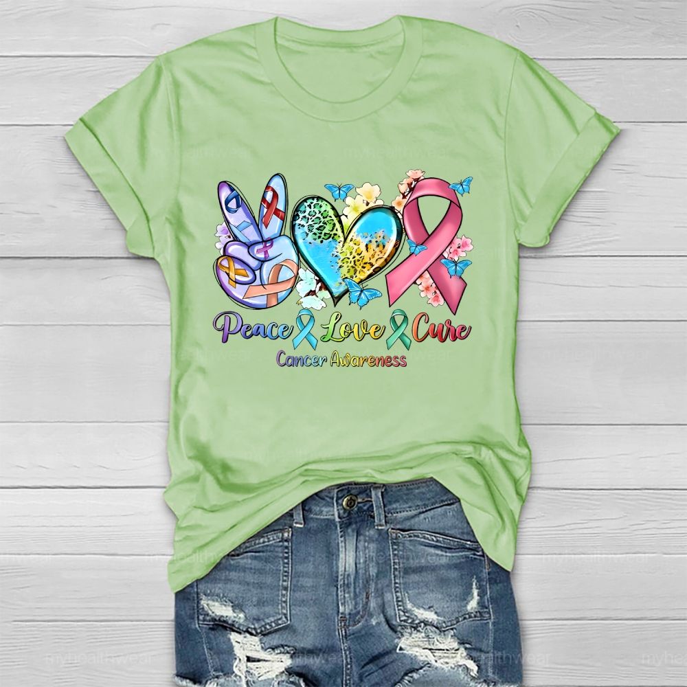 Peace & Love & Cure Cancer Awareness Pattern Healthwear T-shirt