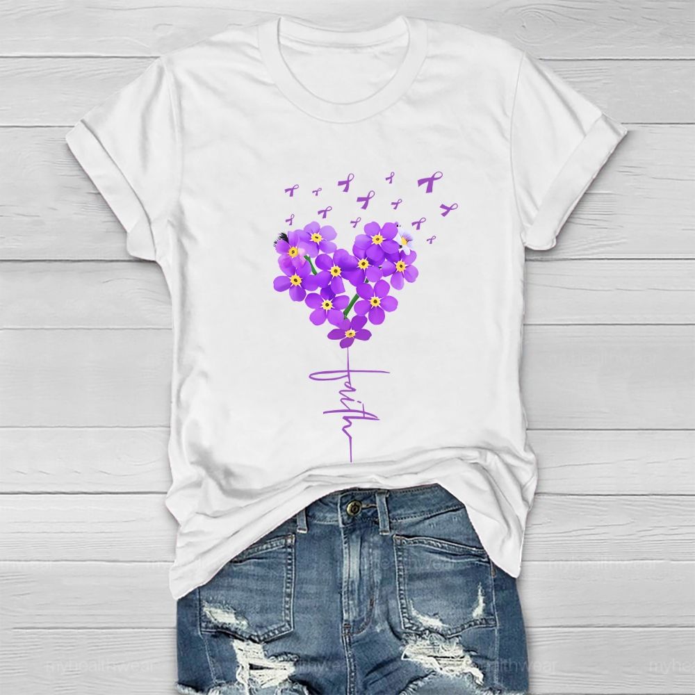 Faith Purple Ribbon Flowers Graphic Healthwear T-shirt