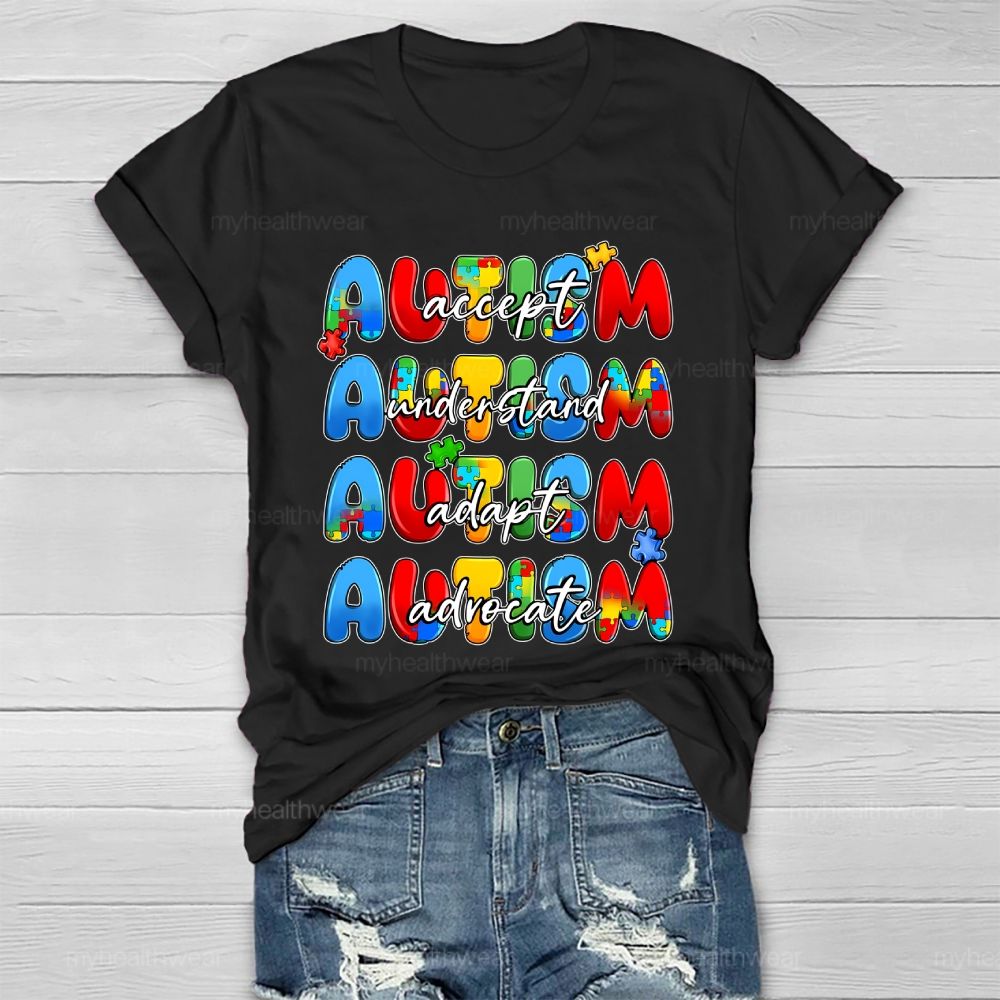 Accept Understand Adapt Advocate Puzzle Letters Healthwear T-shirt