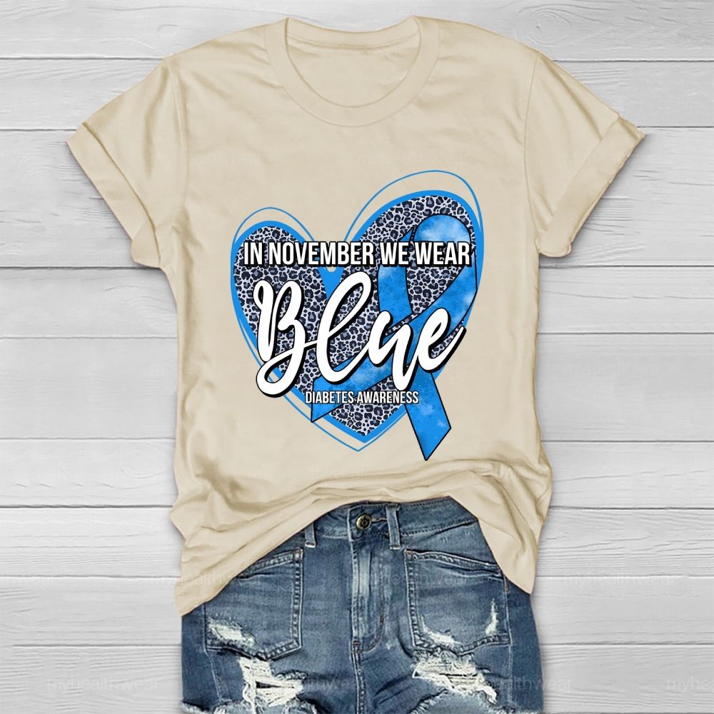 In November We Wear Blue Diabetes Awareness Leopard Print Heart Healthwear T-shirt
