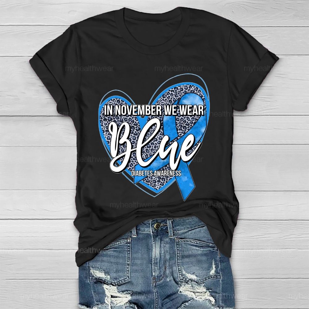 In November We Wear Blue Diabetes Awareness Leopard Print Heart Healthwear T-shirt