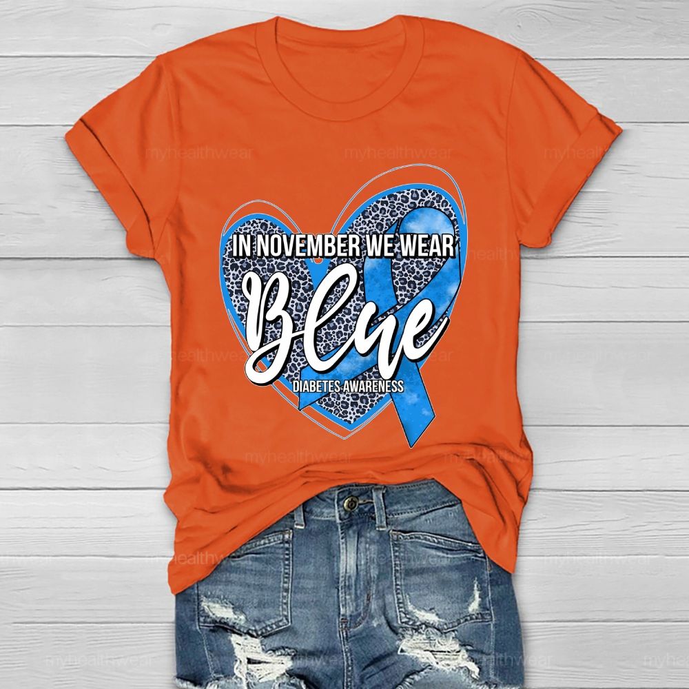 In November We Wear Blue Diabetes Awareness Leopard Print Heart Healthwear T-shirt