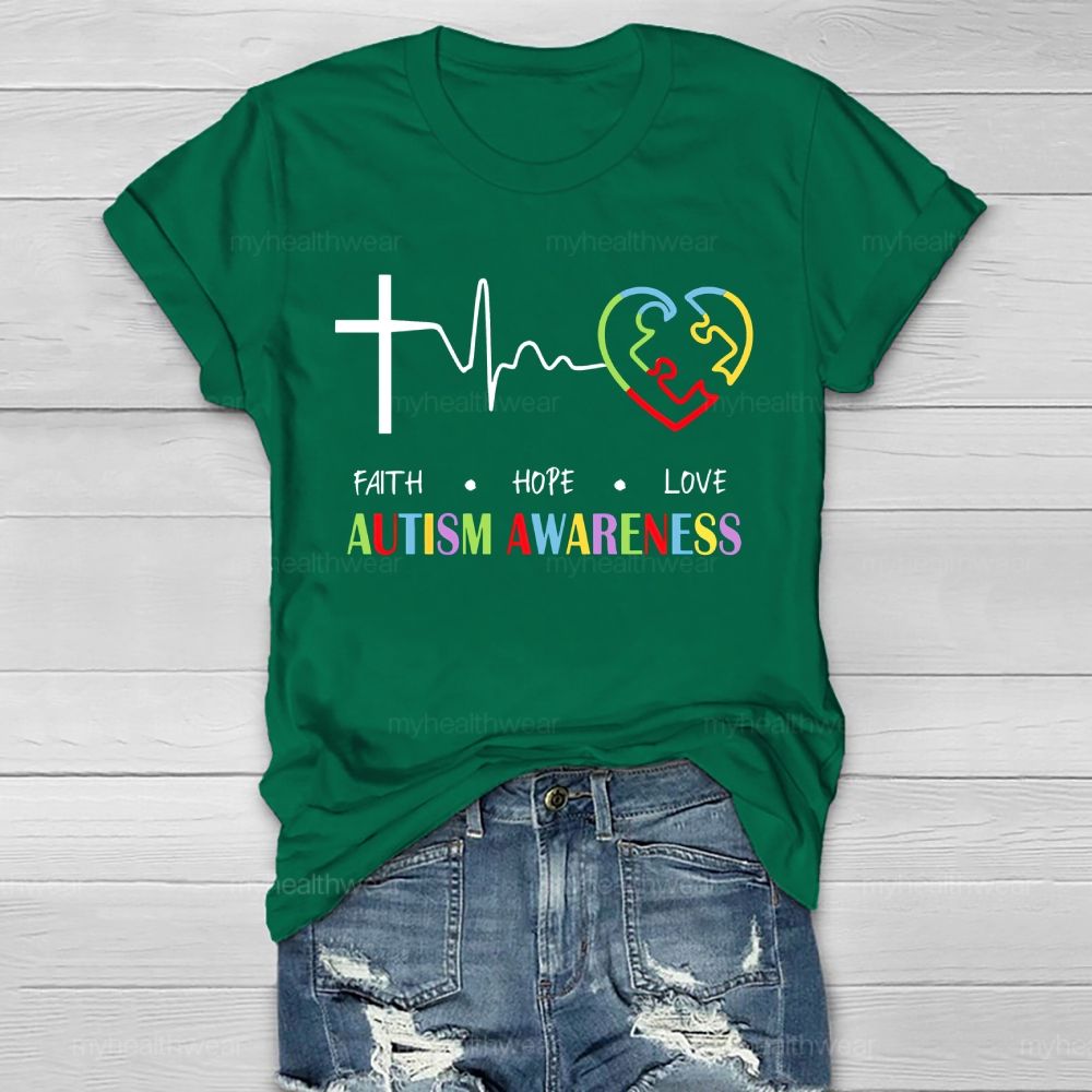 Faith Hope Love Autism Awareness Graphic Healthwear T-shirt