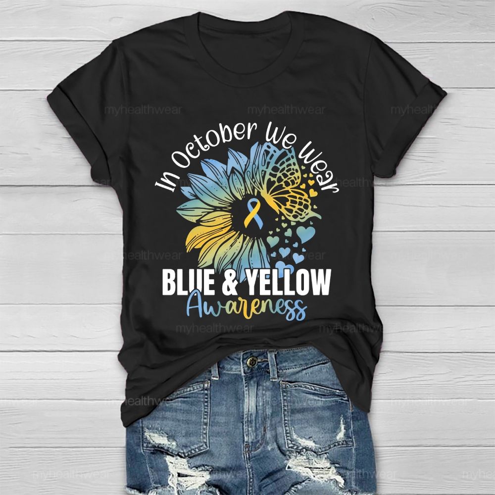 In October We Wear Blue & Yellow Awareness Letters Healthwear T-shirt