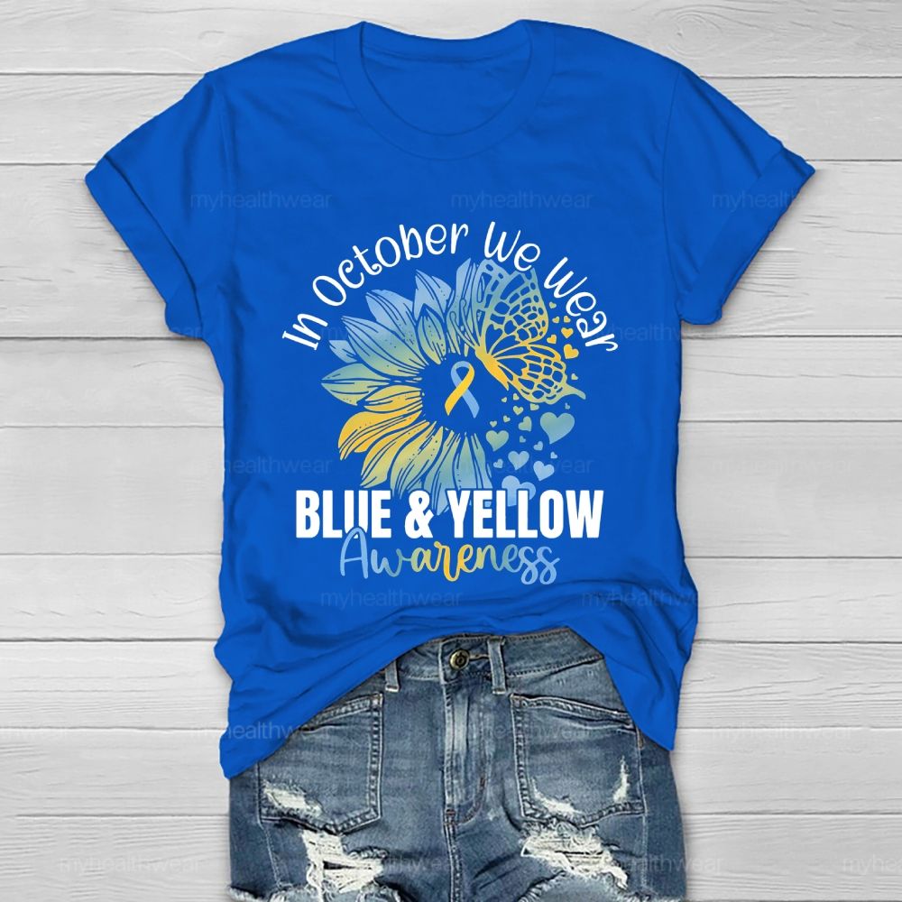 In October We Wear Blue & Yellow Awareness Letters Healthwear T-shirt